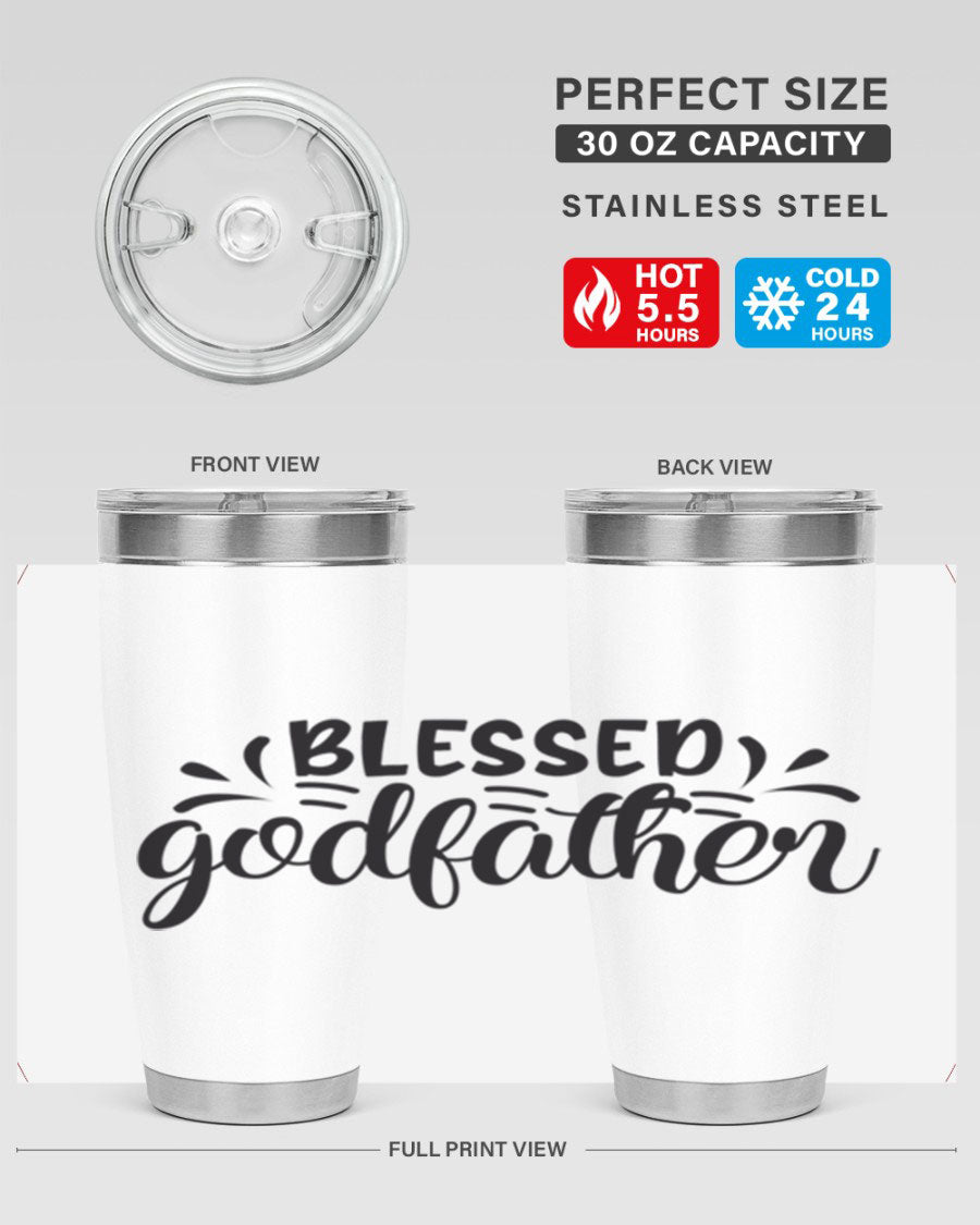 Blessed Godfather 3# tumbler in stainless steel with a drink-thru lid, showcasing its elegant design and double wall insulation.