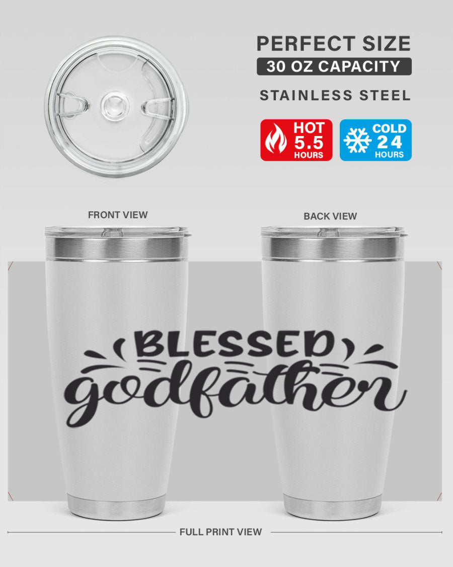 Blessed Godfather 3# tumbler in stainless steel with a drink-thru lid, showcasing its elegant design and double wall insulation.