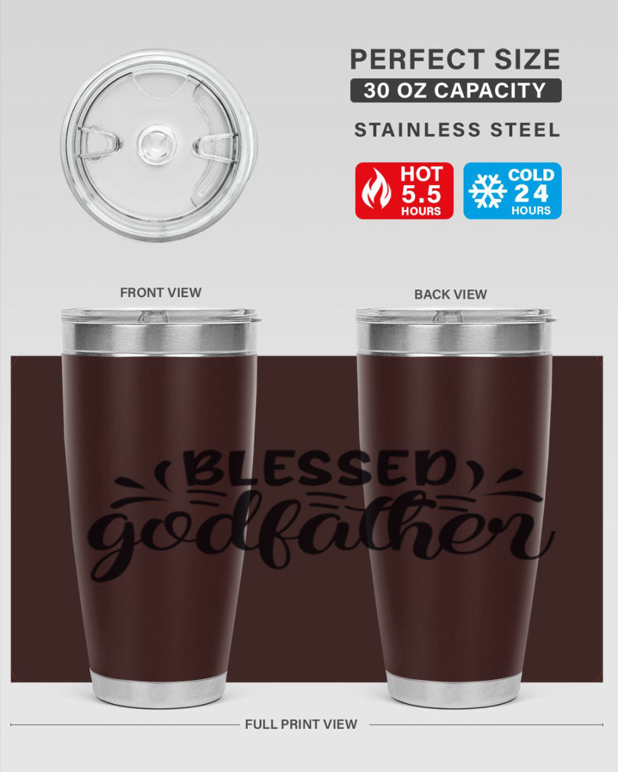 Blessed Godfather 3# tumbler in stainless steel with a drink-thru lid, showcasing its elegant design and double wall insulation.