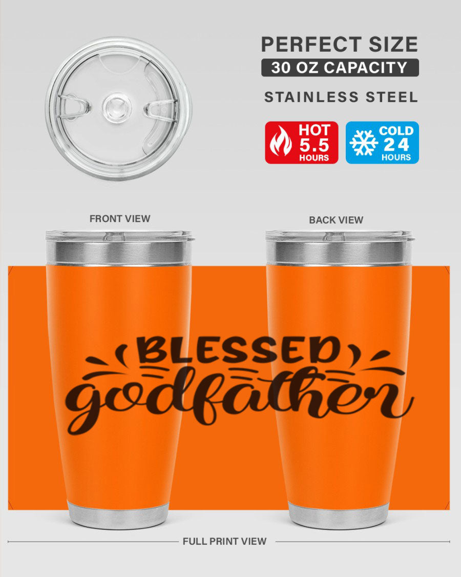 Blessed Godfather 3# tumbler in stainless steel with a drink-thru lid, showcasing its elegant design and double wall insulation.