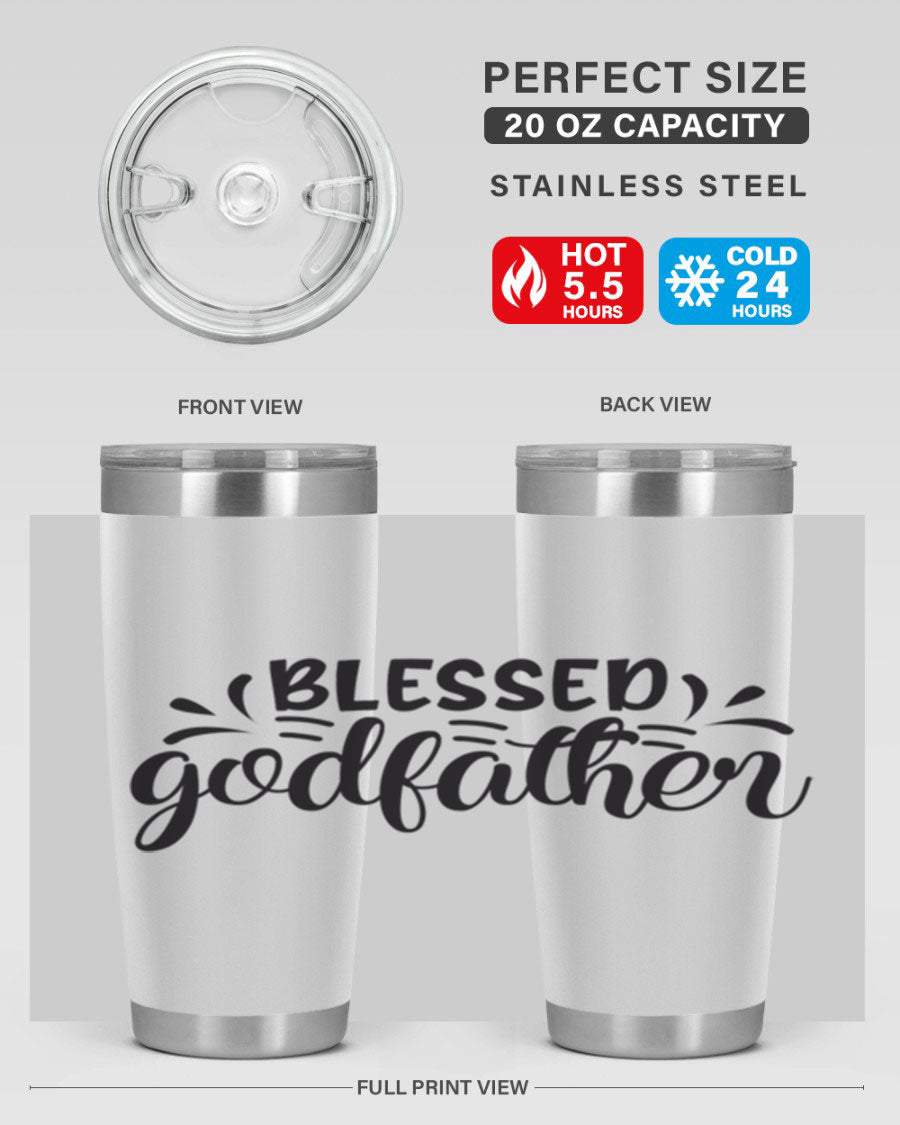 Blessed Godfather 3# tumbler in stainless steel with a drink-thru lid, showcasing its elegant design and double wall insulation.