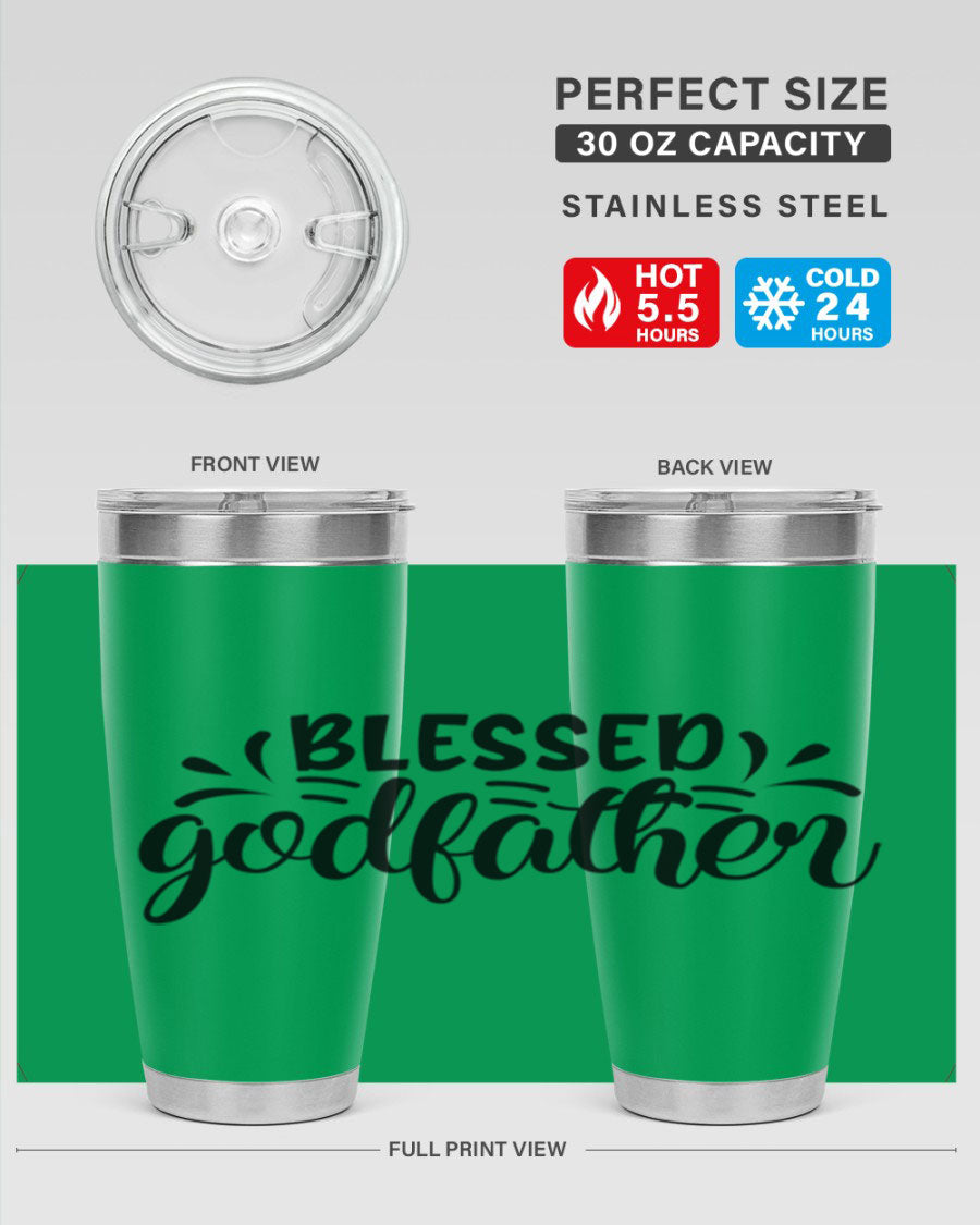 Blessed Godfather 3# tumbler in stainless steel with a drink-thru lid, showcasing its elegant design and double wall insulation.