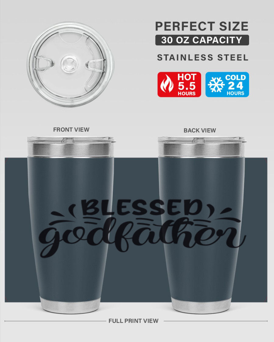 Blessed Godfather 3# tumbler in stainless steel with a drink-thru lid, showcasing its elegant design and double wall insulation.