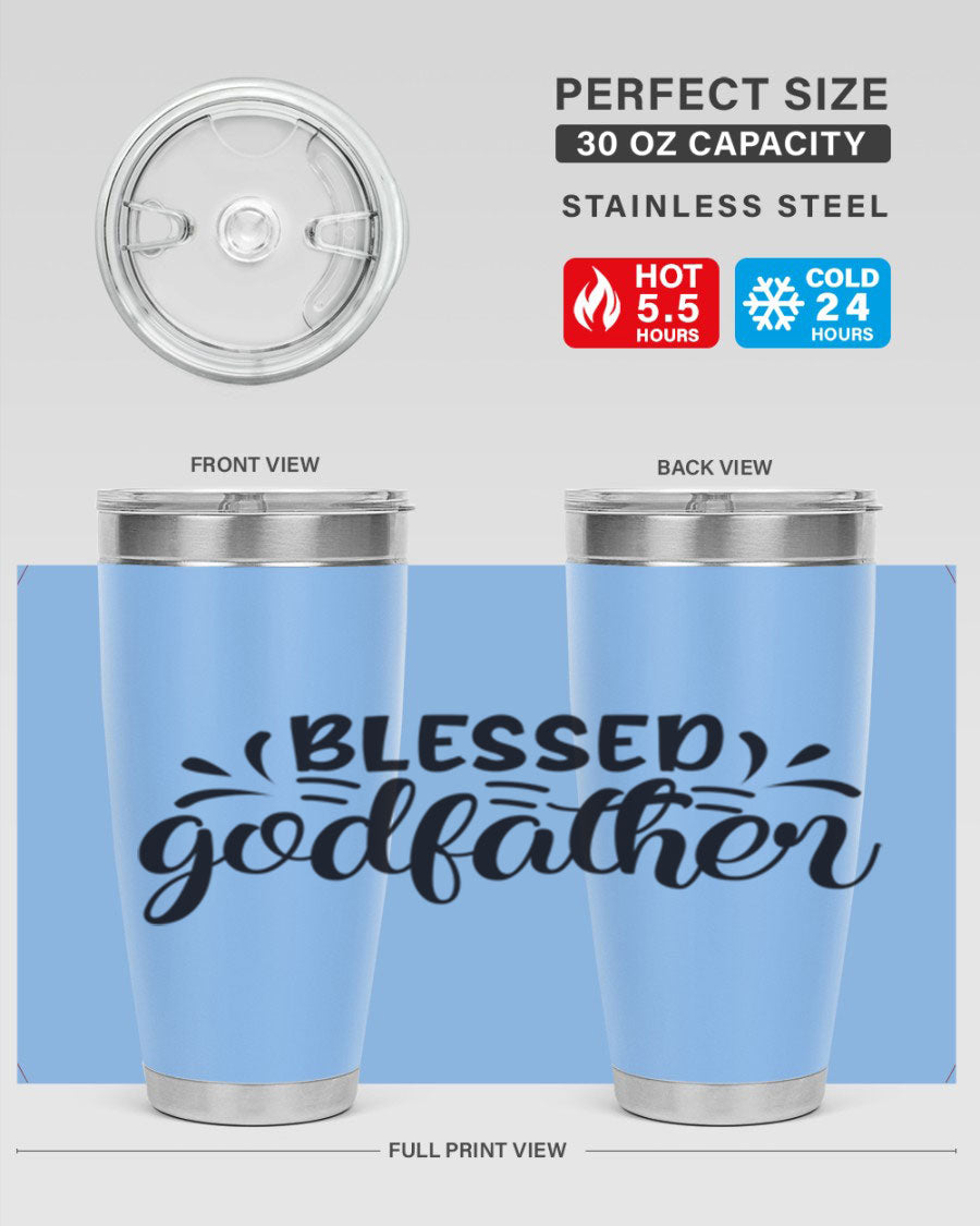 Blessed Godfather 3# tumbler in stainless steel with a drink-thru lid, showcasing its elegant design and double wall insulation.