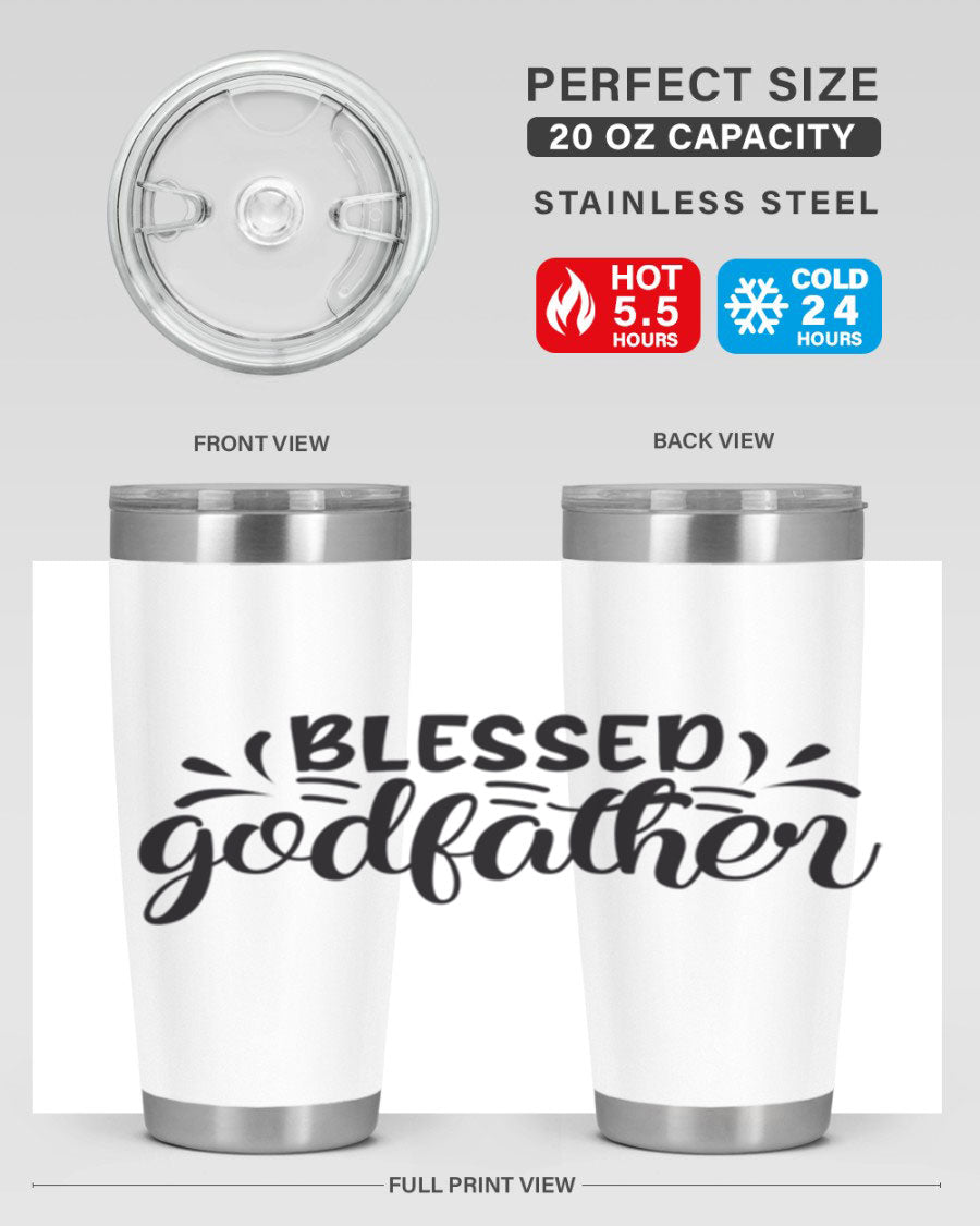 Blessed Godfather 3# tumbler in stainless steel with a drink-thru lid, showcasing its elegant design and double wall insulation.