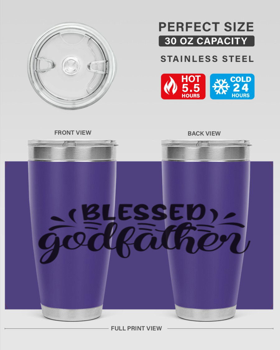 Blessed Godfather 3# tumbler in stainless steel with a drink-thru lid, showcasing its elegant design and double wall insulation.