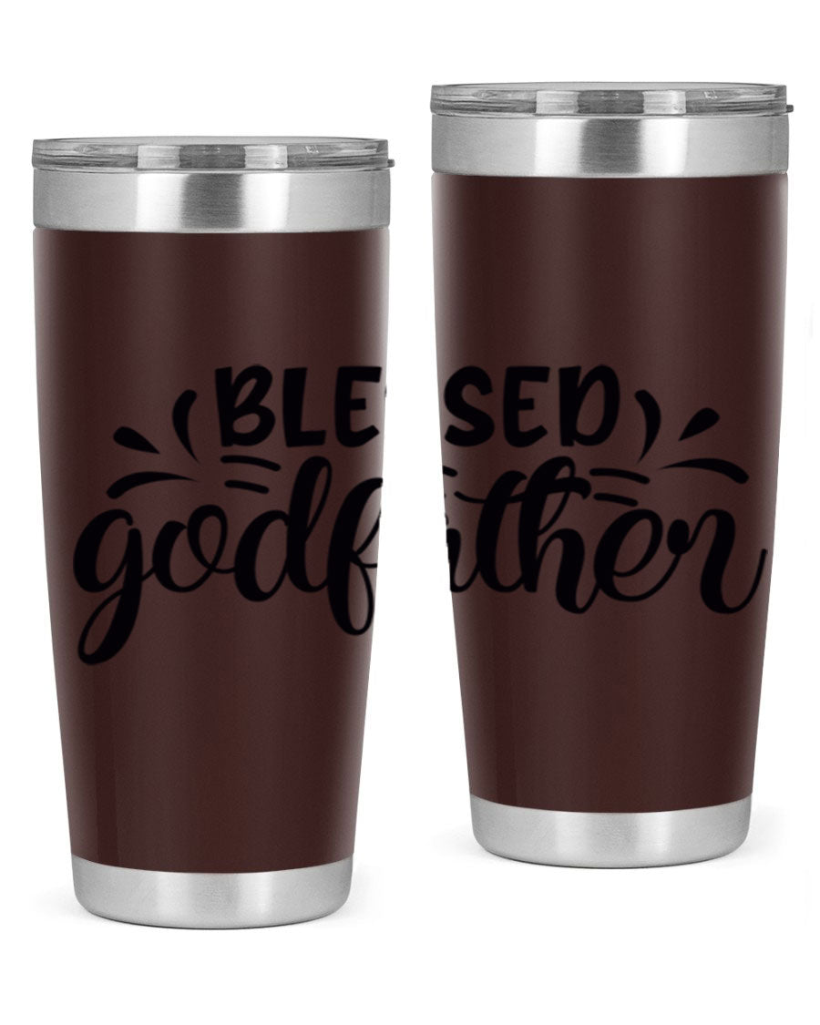 Blessed Godfather 3# tumbler in stainless steel with a drink-thru lid, showcasing its elegant design and double wall insulation.