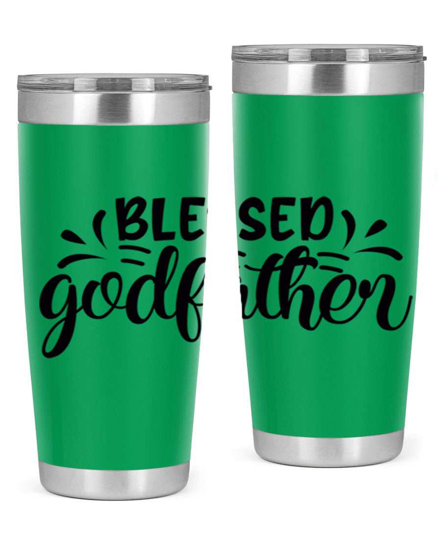 Blessed Godfather 3# tumbler in stainless steel with a drink-thru lid, showcasing its elegant design and double wall insulation.