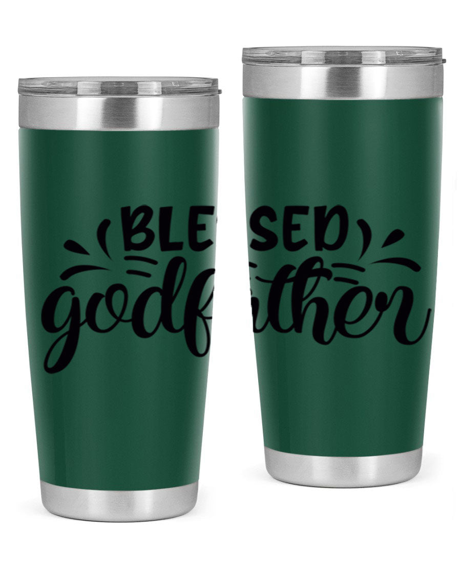 Blessed Godfather 3# tumbler in stainless steel with a drink-thru lid, showcasing its elegant design and double wall insulation.