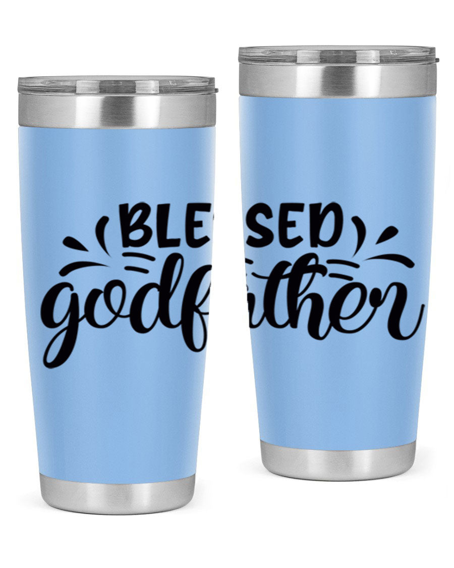 Blessed Godfather 3# tumbler in stainless steel with a drink-thru lid, showcasing its elegant design and double wall insulation.