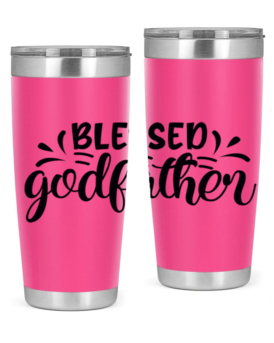 Blessed Godfather 3# tumbler in stainless steel with a drink-thru lid, showcasing its elegant design and double wall insulation.