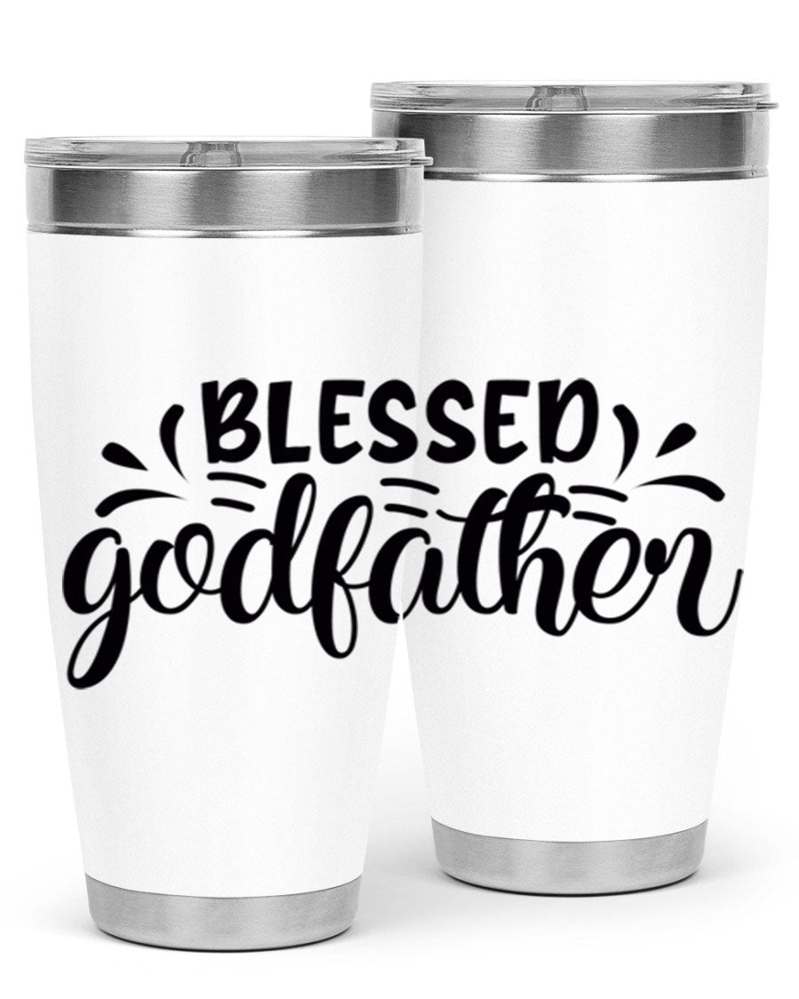 Blessed Godfather 3# tumbler in stainless steel with a drink-thru lid, showcasing its elegant design and double wall insulation.