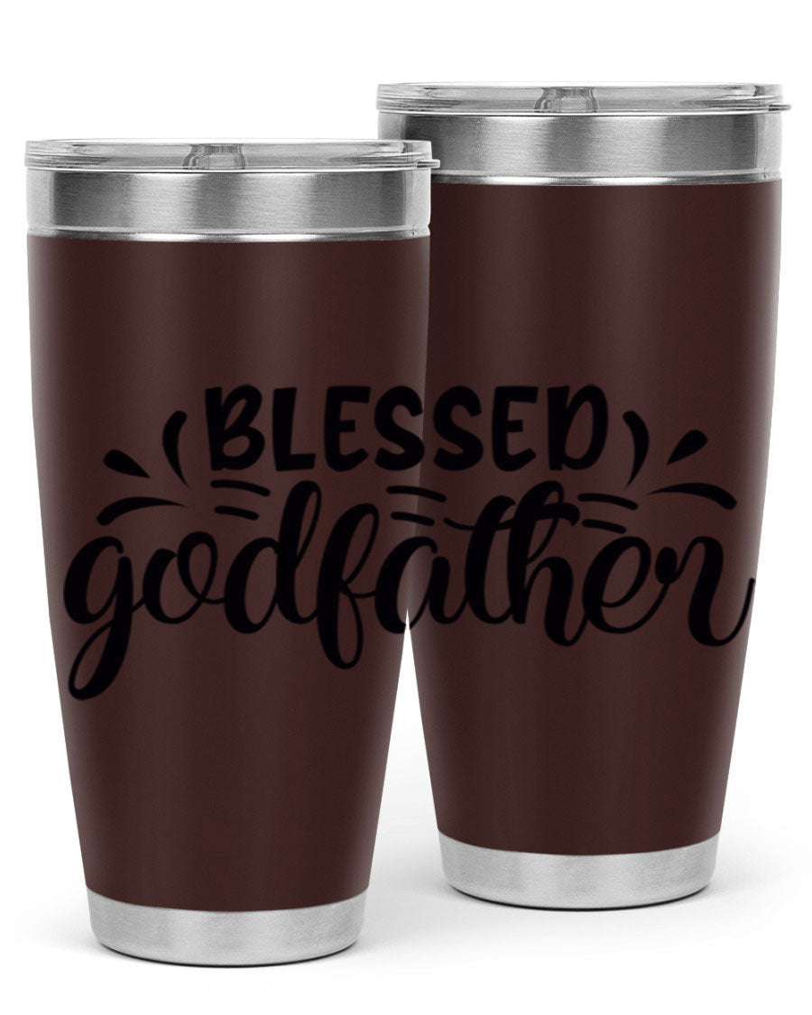 Blessed Godfather 3# tumbler in stainless steel with a drink-thru lid, showcasing its elegant design and double wall insulation.