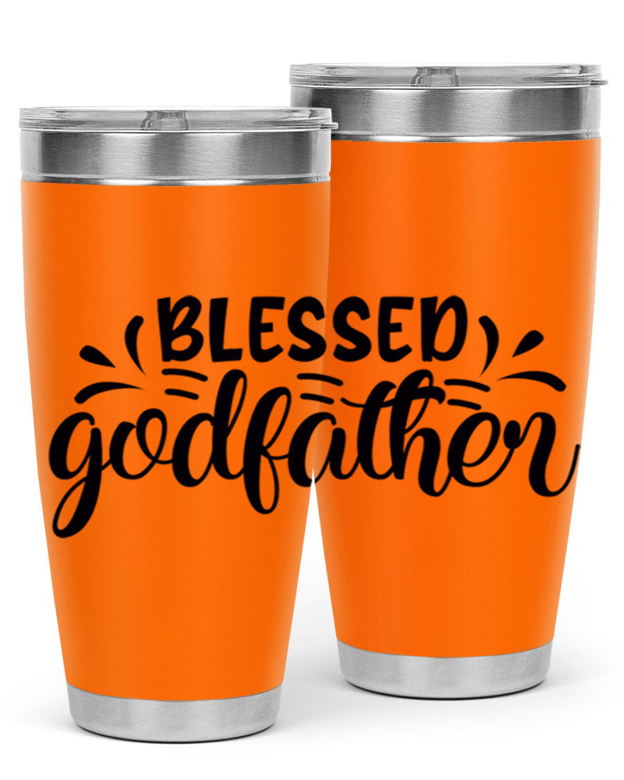 Blessed Godfather 3# tumbler in stainless steel with a drink-thru lid, showcasing its elegant design and double wall insulation.