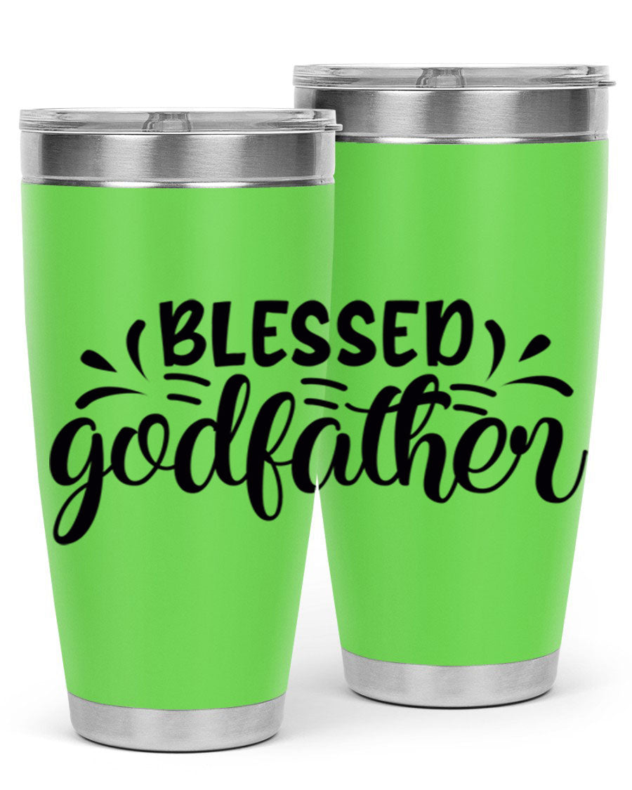 Blessed Godfather 3# tumbler in stainless steel with a drink-thru lid, showcasing its elegant design and double wall insulation.