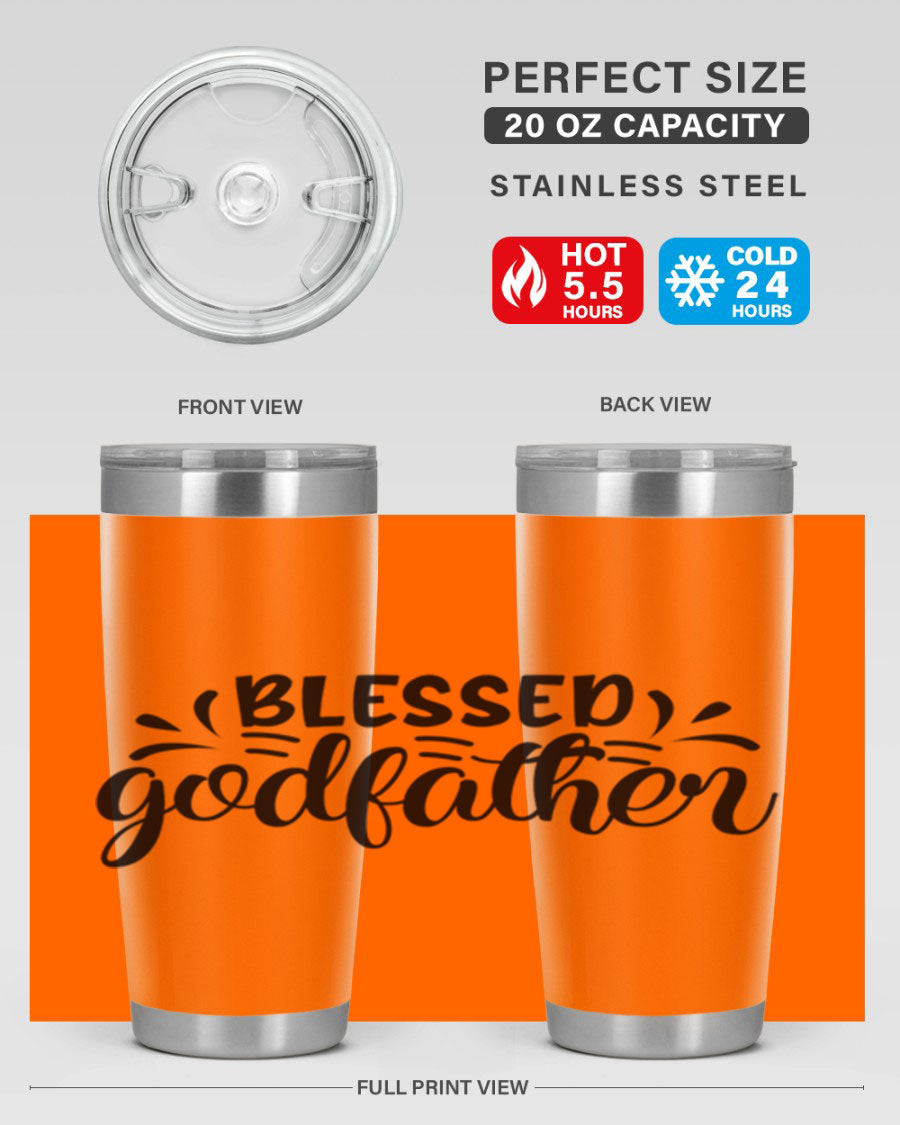 Blessed Godfather 3# tumbler in stainless steel with a drink-thru lid, showcasing its elegant design and double wall insulation.