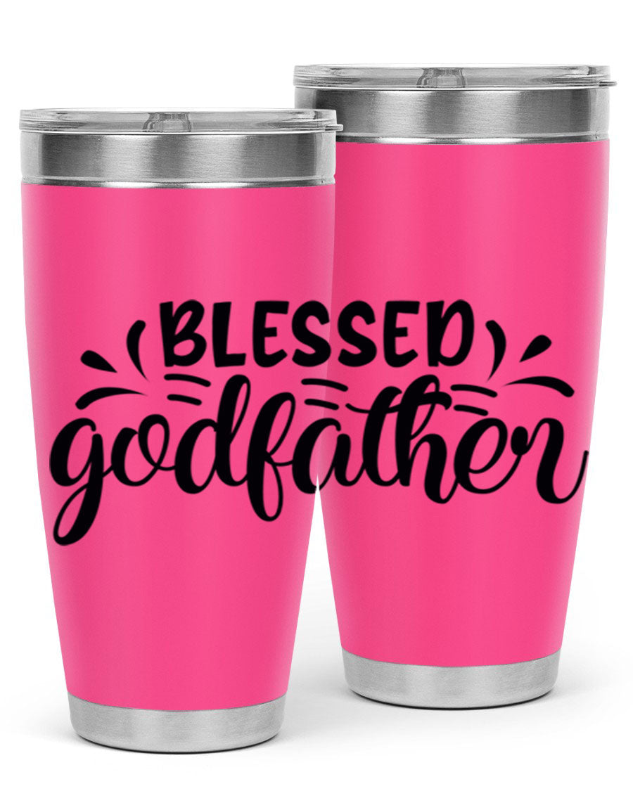 Blessed Godfather 3# tumbler in stainless steel with a drink-thru lid, showcasing its elegant design and double wall insulation.