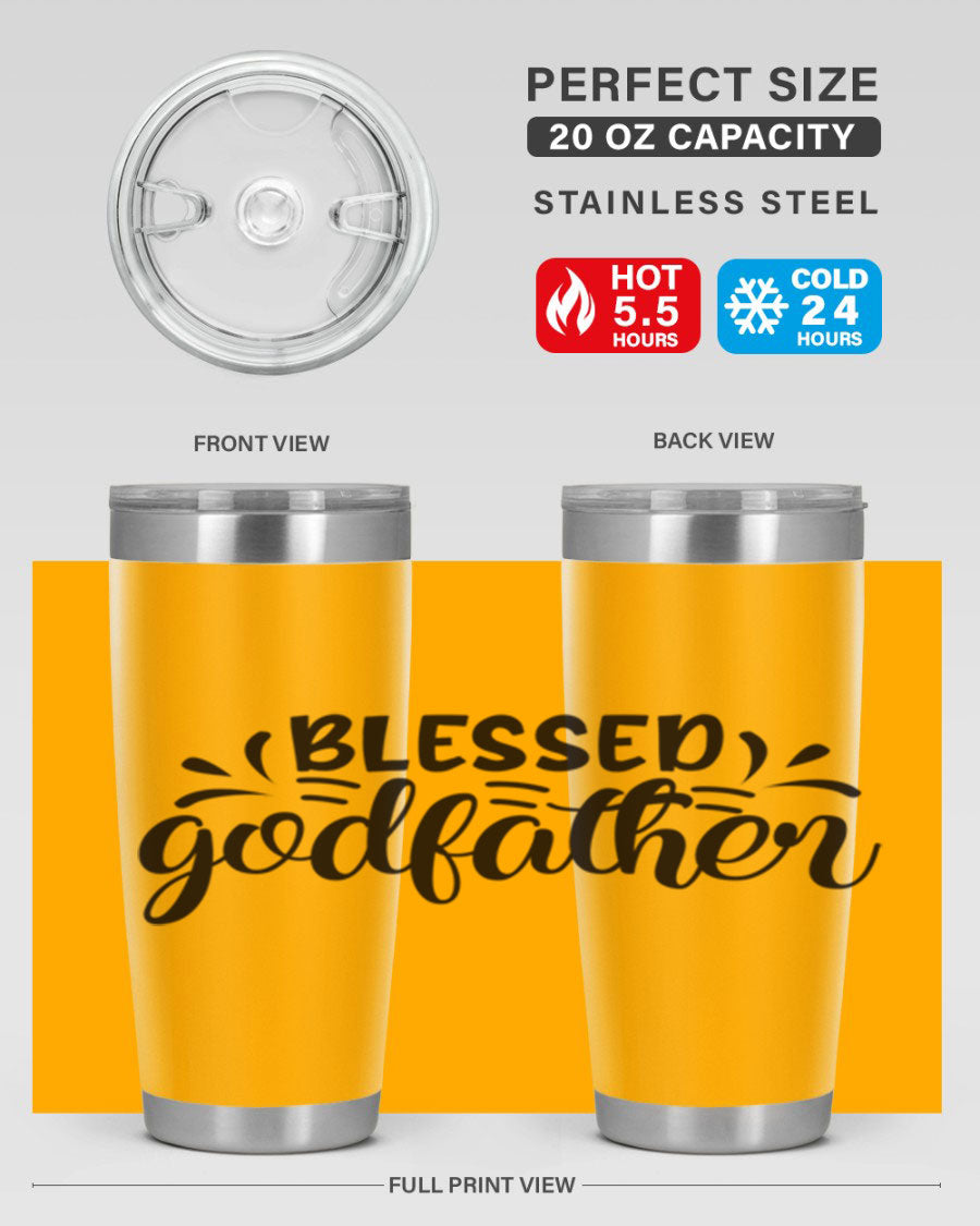 Blessed Godfather 3# tumbler in stainless steel with a drink-thru lid, showcasing its elegant design and double wall insulation.