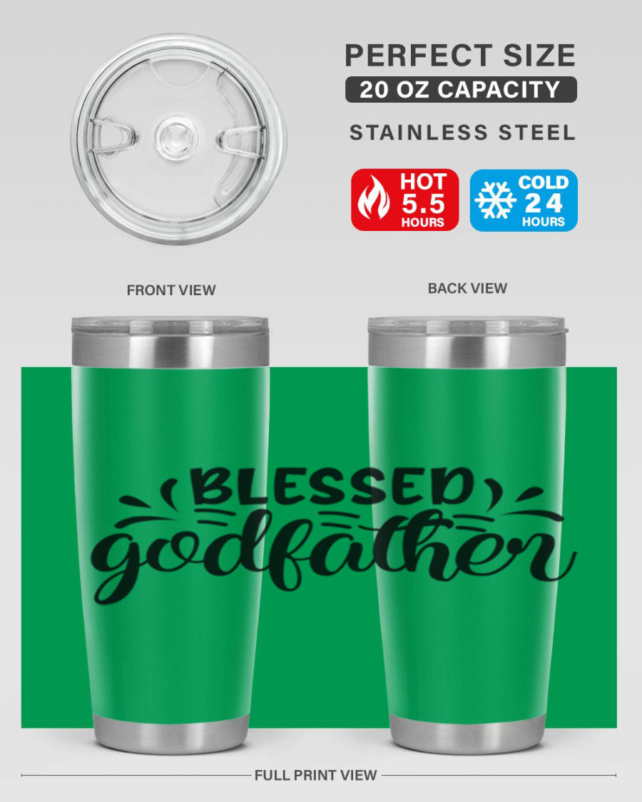 Blessed Godfather 3# tumbler in stainless steel with a drink-thru lid, showcasing its elegant design and double wall insulation.