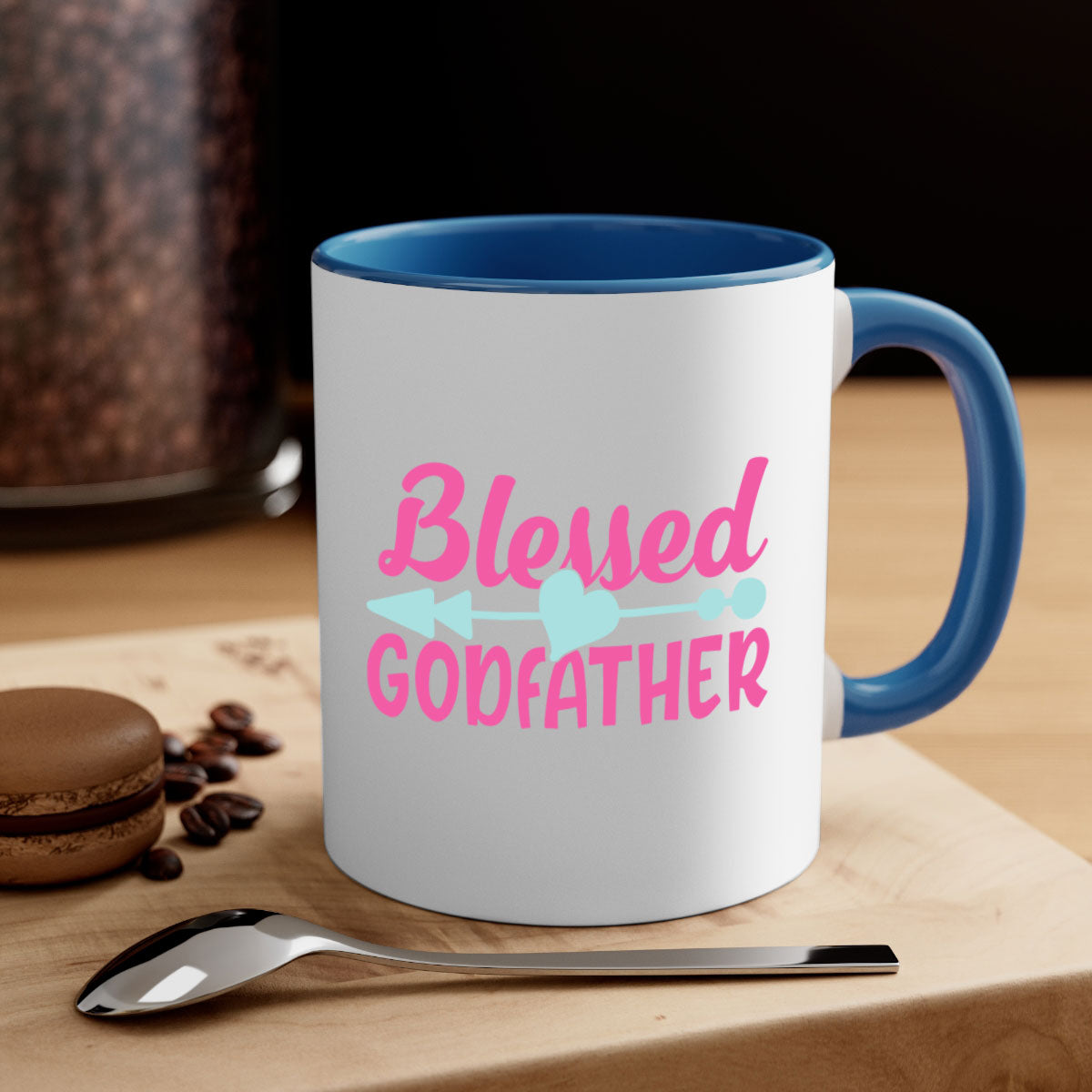 Blessed Godfather Mug with colored handle and glossy finish, available in multiple colors and sizes.