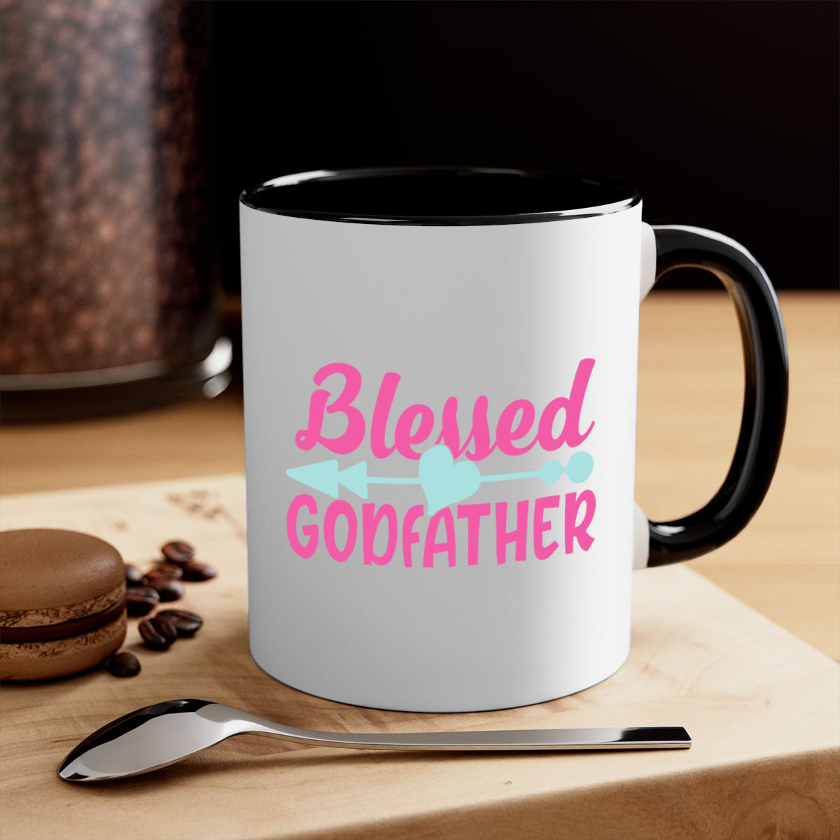 Blessed Godfather Mug with colored handle and glossy finish, available in multiple colors and sizes.