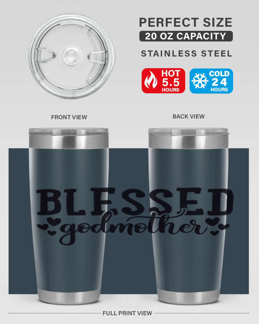 Blessed Godmother tumbler featuring double wall vacuum stainless steel, designed for hot and cold beverages, with a stylish print.