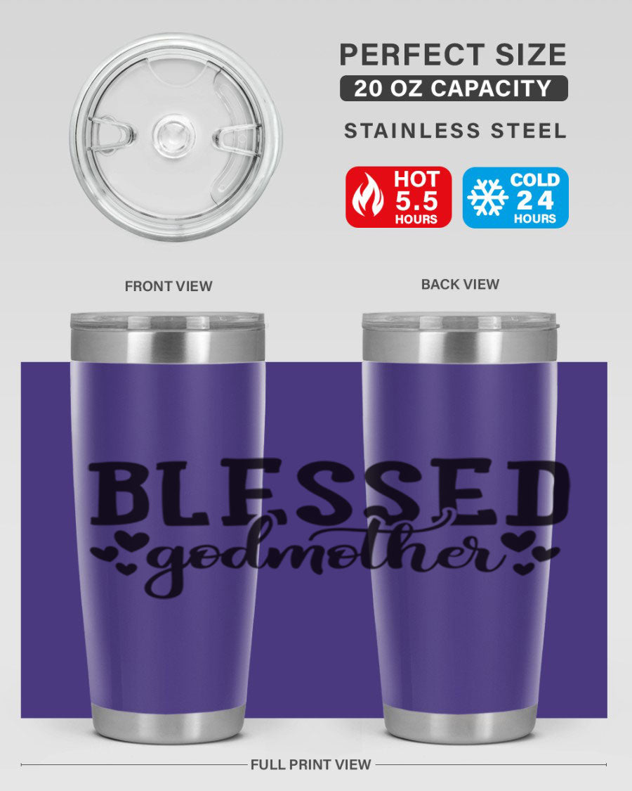 Blessed Godmother tumbler featuring double wall vacuum stainless steel, designed for hot and cold beverages, with a stylish print.