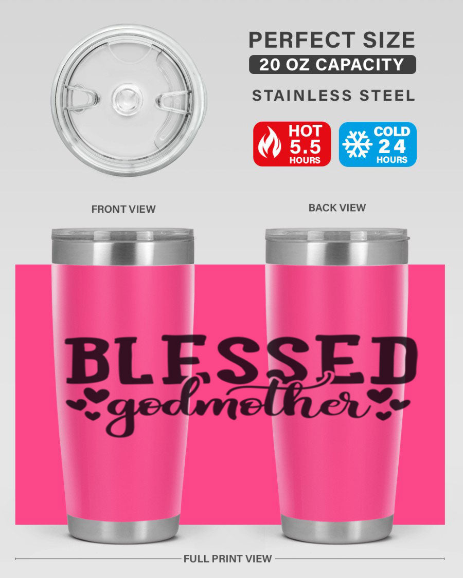 Blessed Godmother tumbler featuring double wall vacuum stainless steel, designed for hot and cold beverages, with a stylish print.