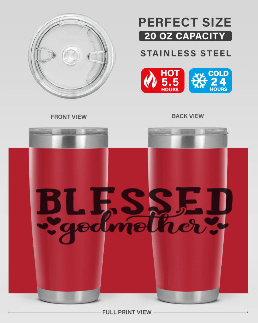 Blessed Godmother tumbler featuring double wall vacuum stainless steel, designed for hot and cold beverages, with a stylish print.