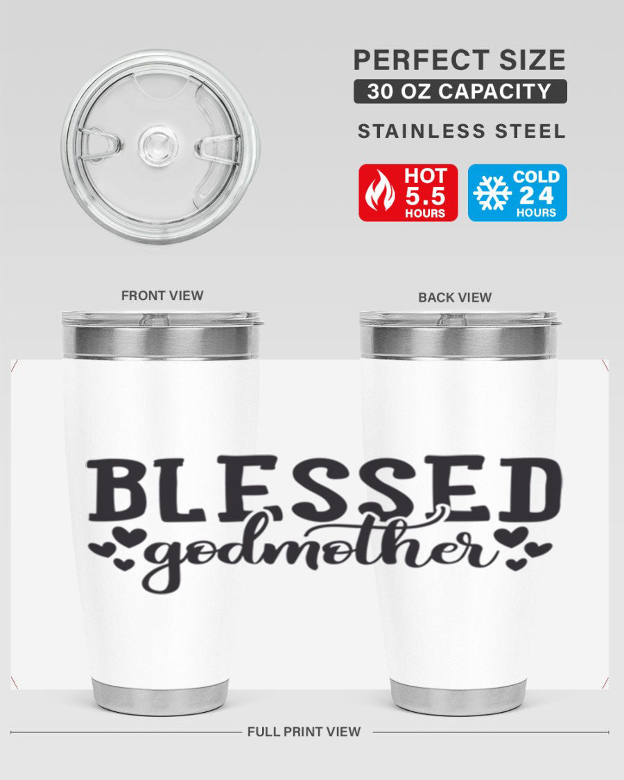 Blessed Godmother tumbler featuring double wall vacuum stainless steel, designed for hot and cold beverages, with a stylish print.