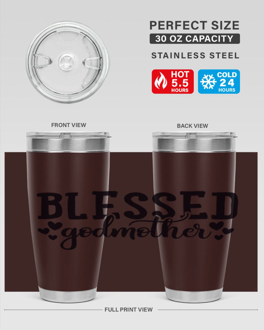 Blessed Godmother tumbler featuring double wall vacuum stainless steel, designed for hot and cold beverages, with a stylish print.