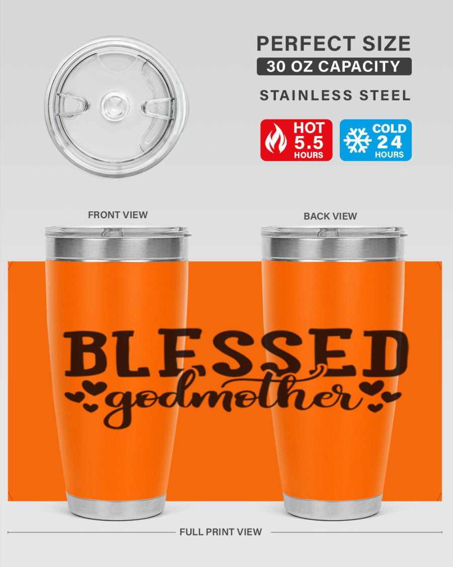 Blessed Godmother tumbler featuring double wall vacuum stainless steel, designed for hot and cold beverages, with a stylish print.