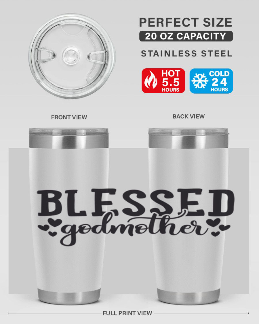 Blessed Godmother tumbler featuring double wall vacuum stainless steel, designed for hot and cold beverages, with a stylish print.