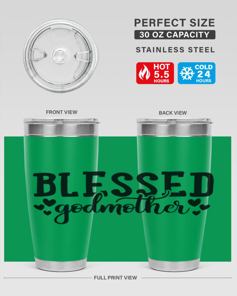 Blessed Godmother tumbler featuring double wall vacuum stainless steel, designed for hot and cold beverages, with a stylish print.