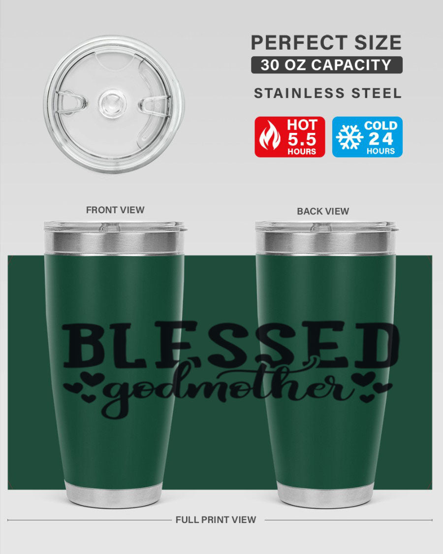 Blessed Godmother tumbler featuring double wall vacuum stainless steel, designed for hot and cold beverages, with a stylish print.