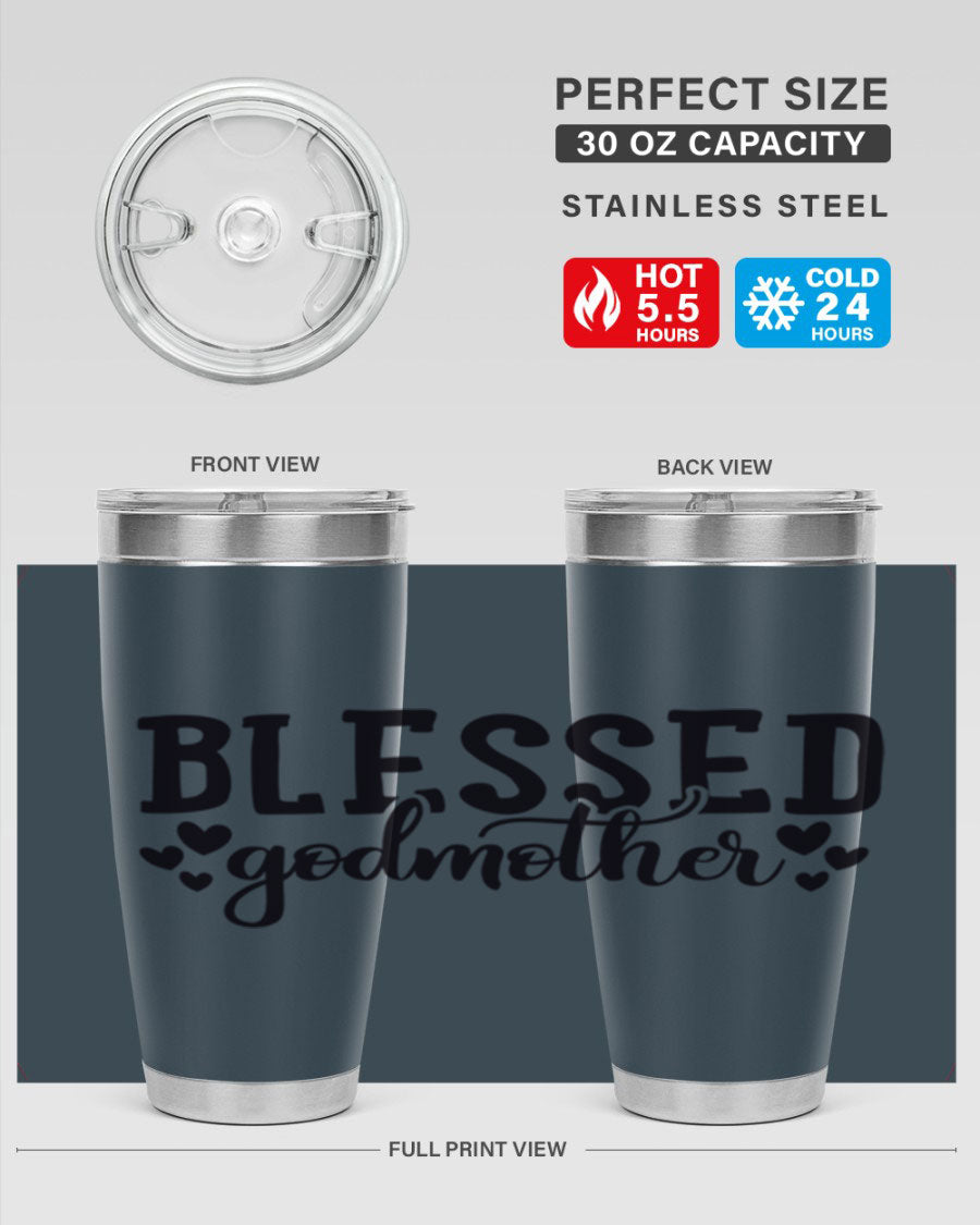 Blessed Godmother tumbler featuring double wall vacuum stainless steel, designed for hot and cold beverages, with a stylish print.