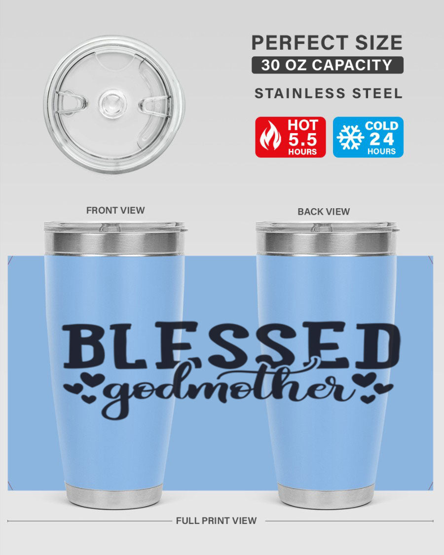 Blessed Godmother tumbler featuring double wall vacuum stainless steel, designed for hot and cold beverages, with a stylish print.