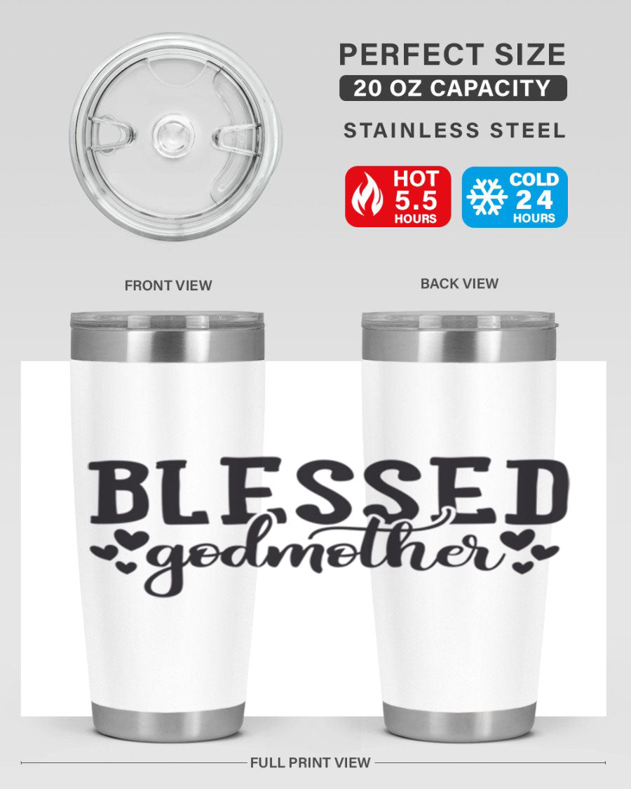 Blessed Godmother tumbler featuring double wall vacuum stainless steel, designed for hot and cold beverages, with a stylish print.