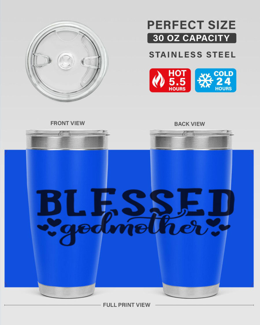 Blessed Godmother tumbler featuring double wall vacuum stainless steel, designed for hot and cold beverages, with a stylish print.