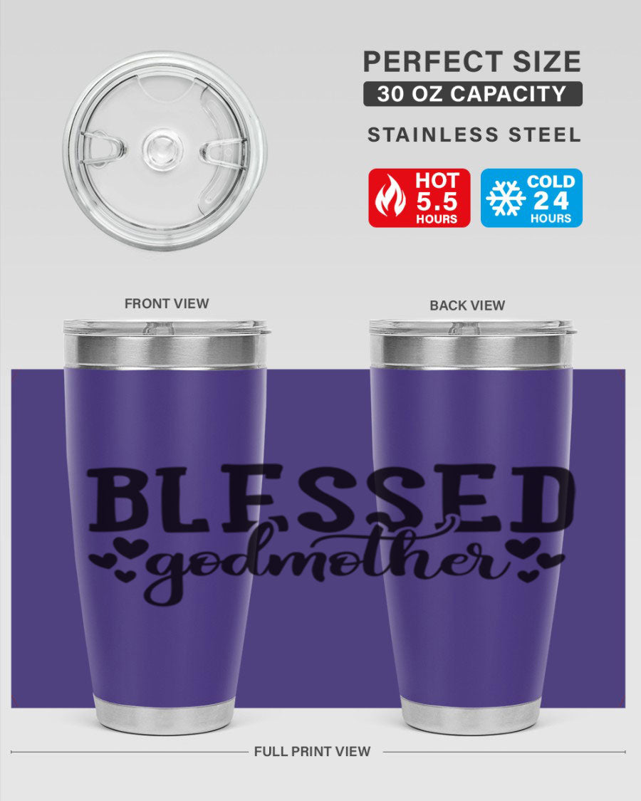 Blessed Godmother tumbler featuring double wall vacuum stainless steel, designed for hot and cold beverages, with a stylish print.