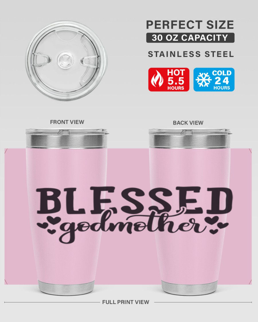 Blessed Godmother tumbler featuring double wall vacuum stainless steel, designed for hot and cold beverages, with a stylish print.