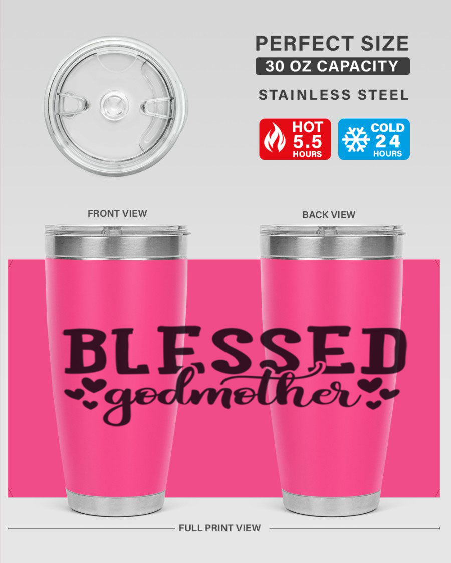 Blessed Godmother tumbler featuring double wall vacuum stainless steel, designed for hot and cold beverages, with a stylish print.