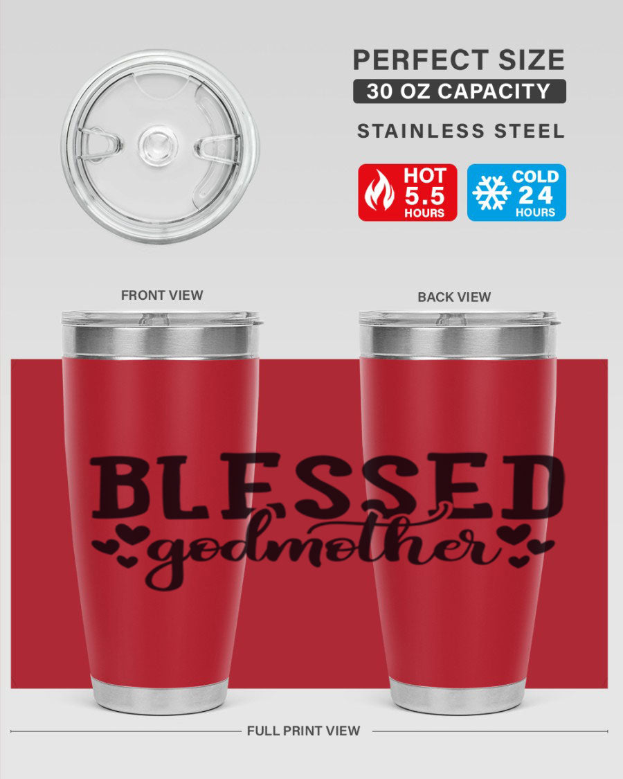 Blessed Godmother tumbler featuring double wall vacuum stainless steel, designed for hot and cold beverages, with a stylish print.