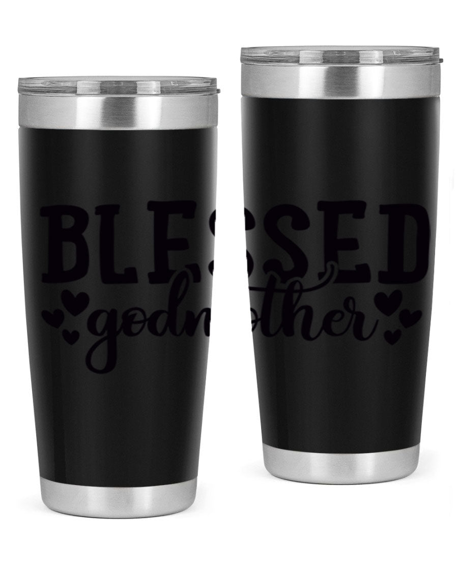 Blessed Godmother tumbler featuring double wall vacuum stainless steel, designed for hot and cold beverages, with a stylish print.