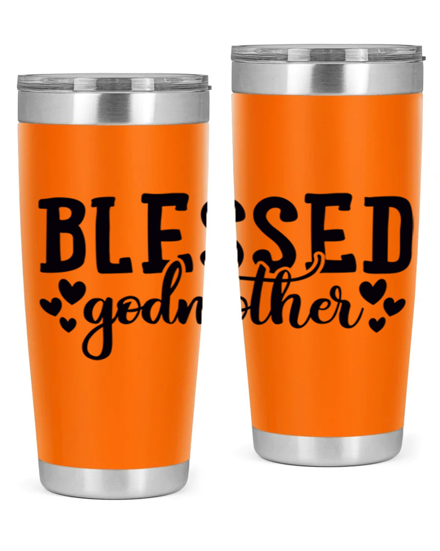 Blessed Godmother tumbler featuring double wall vacuum stainless steel, designed for hot and cold beverages, with a stylish print.