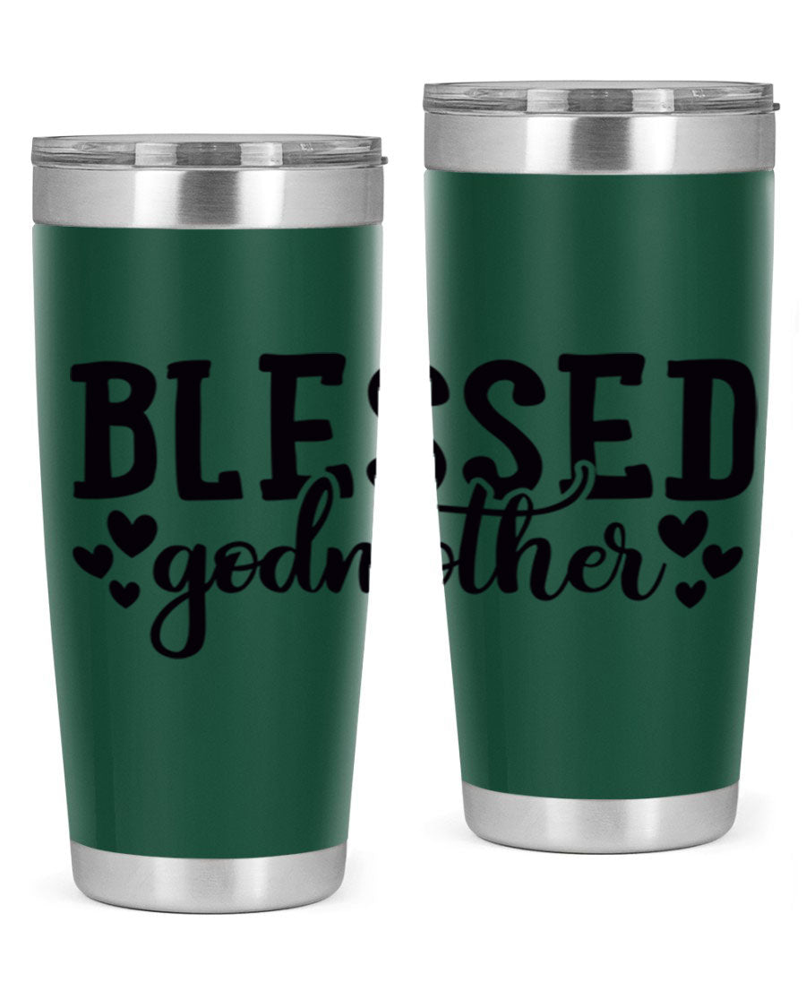 Blessed Godmother tumbler featuring double wall vacuum stainless steel, designed for hot and cold beverages, with a stylish print.