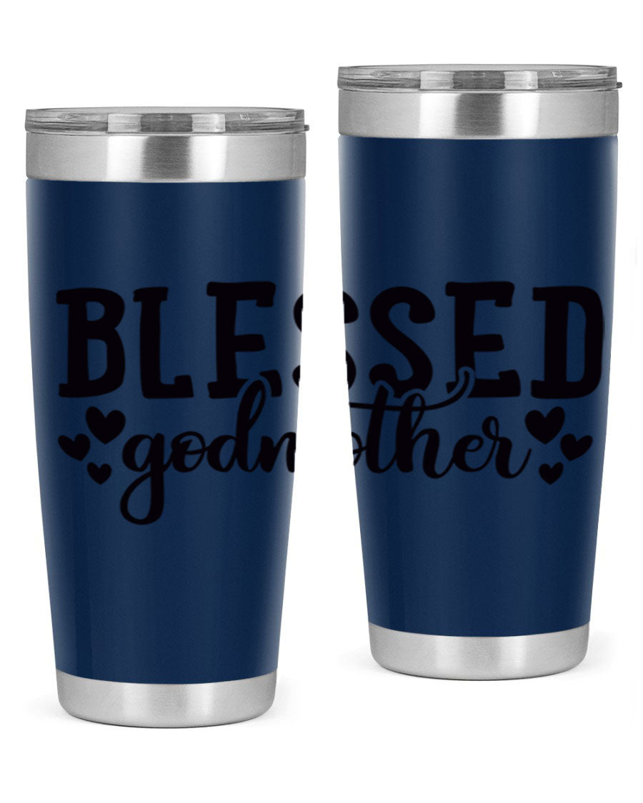 Blessed Godmother tumbler featuring double wall vacuum stainless steel, designed for hot and cold beverages, with a stylish print.