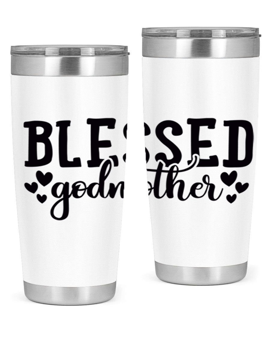 Blessed Godmother tumbler featuring double wall vacuum stainless steel, designed for hot and cold beverages, with a stylish print.