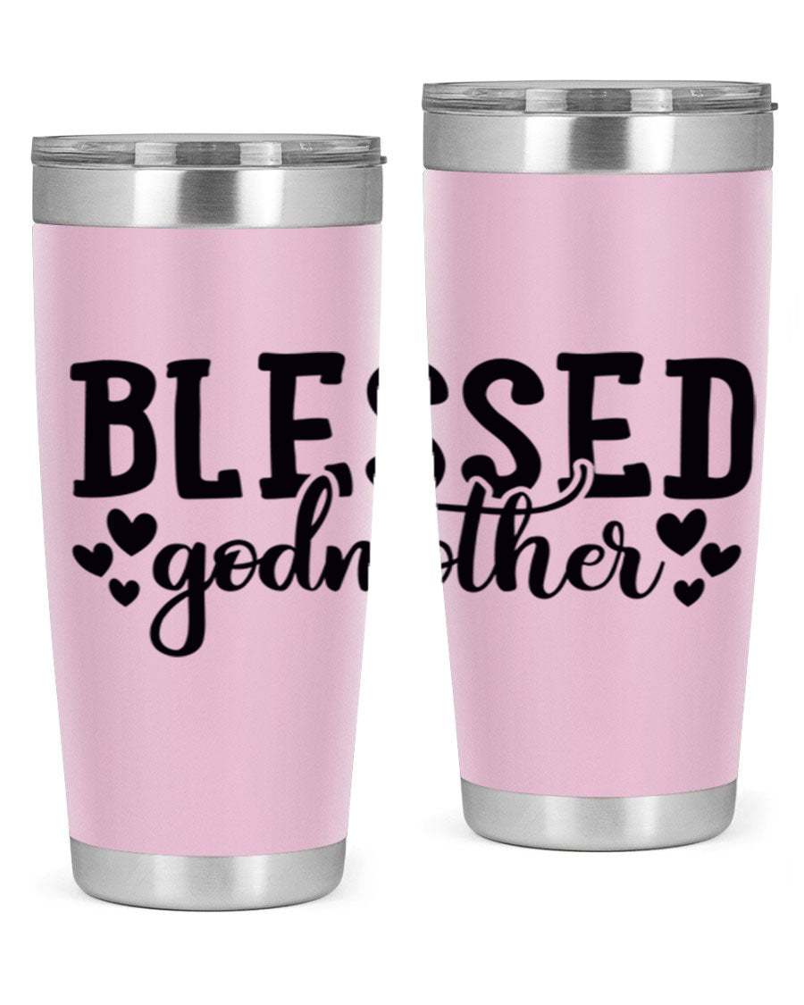 Blessed Godmother tumbler featuring double wall vacuum stainless steel, designed for hot and cold beverages, with a stylish print.