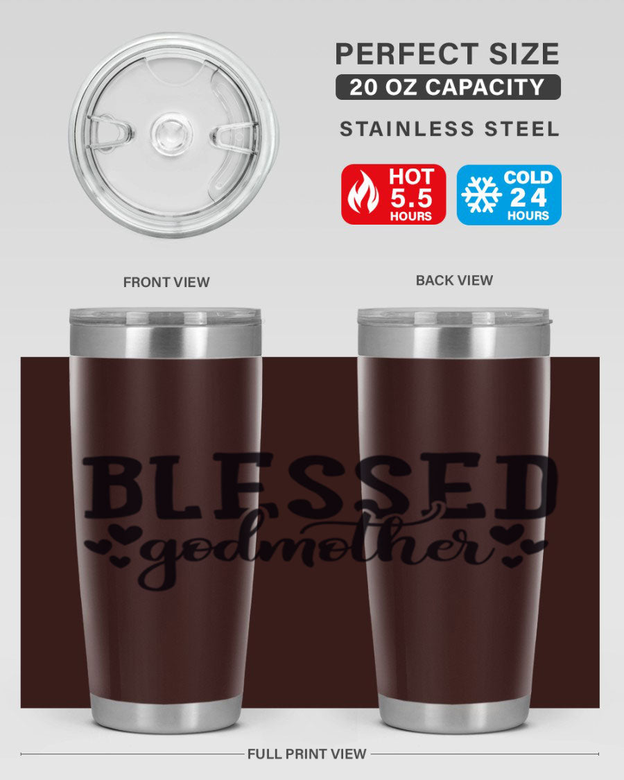 Blessed Godmother tumbler featuring double wall vacuum stainless steel, designed for hot and cold beverages, with a stylish print.